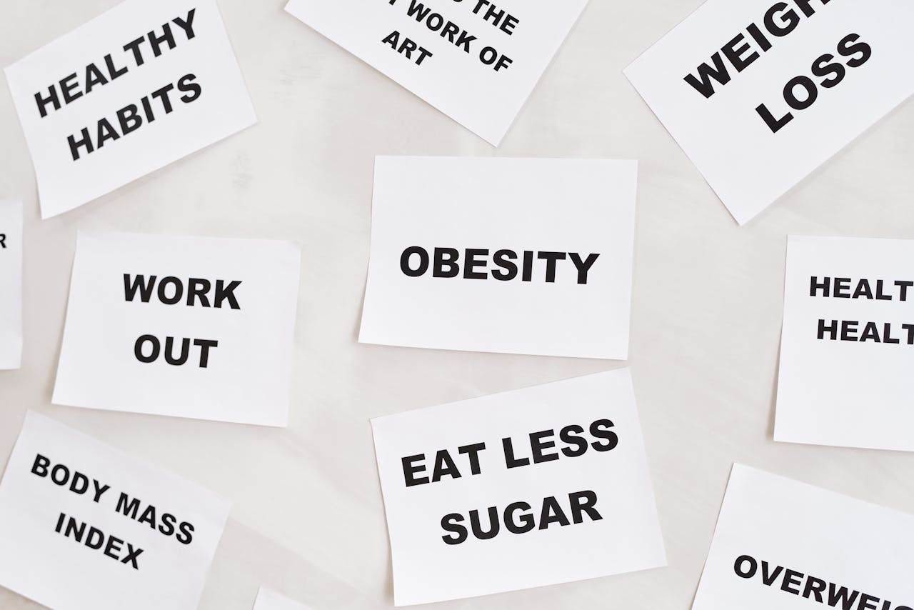 services-01 Conceptual image featuring motivational cards on health, fitness, and wellness on a white background.
